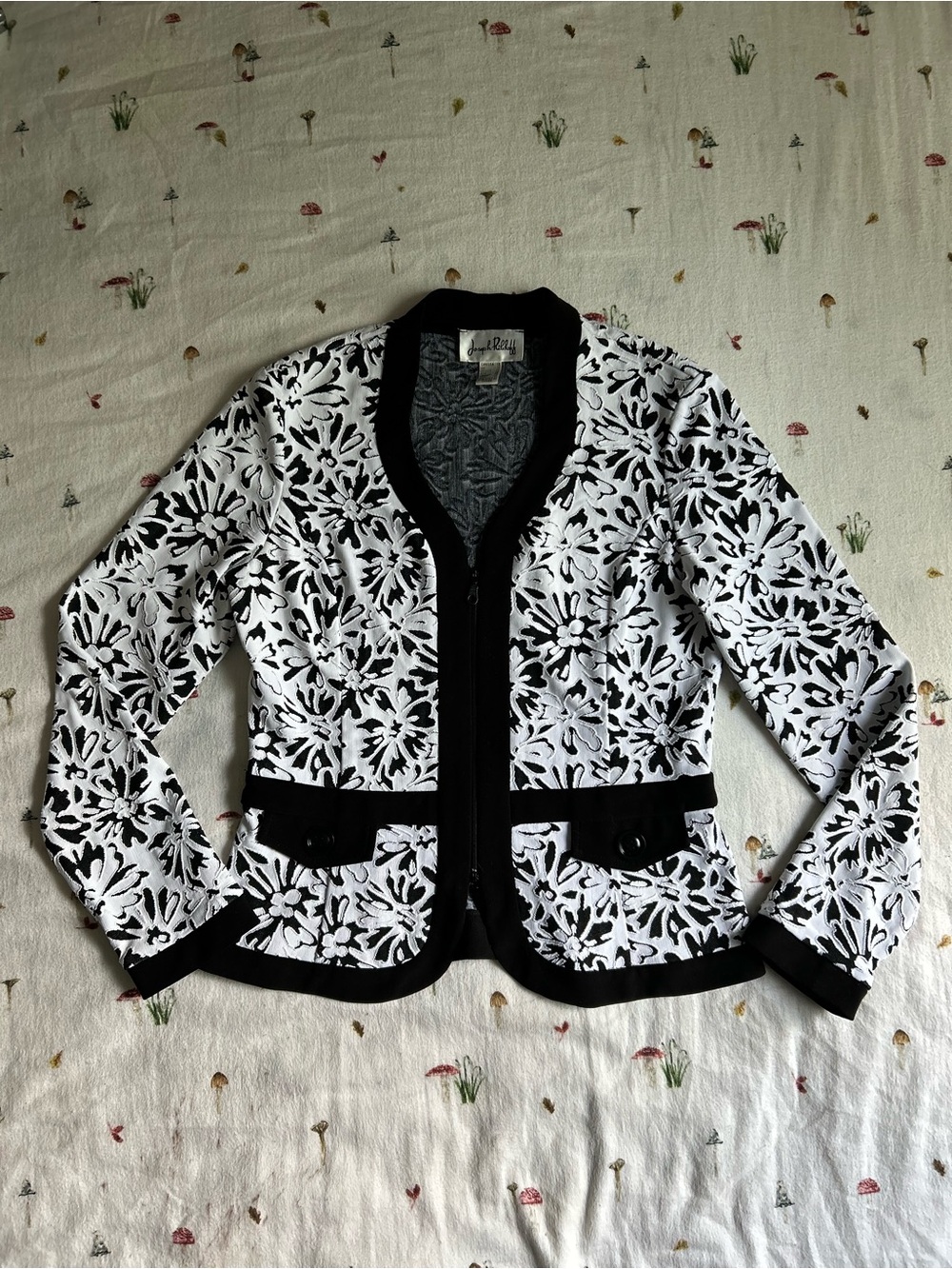 Vintage Joseph Ribkoff Black and White Floral Zip-Front Blazer
